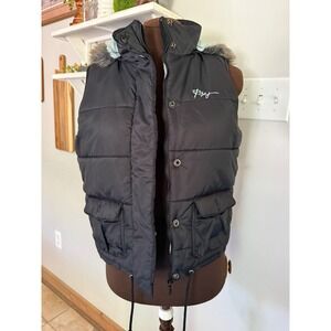 Vintage Roxy 90's Womens Black Puffer‎ Vest Faux Fur Hood Large winter y2k